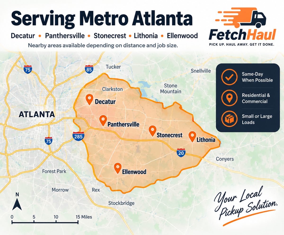 FetchHaul pickup and delivery service area map for Decatur, Panthersville, Stonecrest, Lithonia and Ellenwood, Georgia